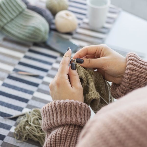 Woman Home Knitting Close Up